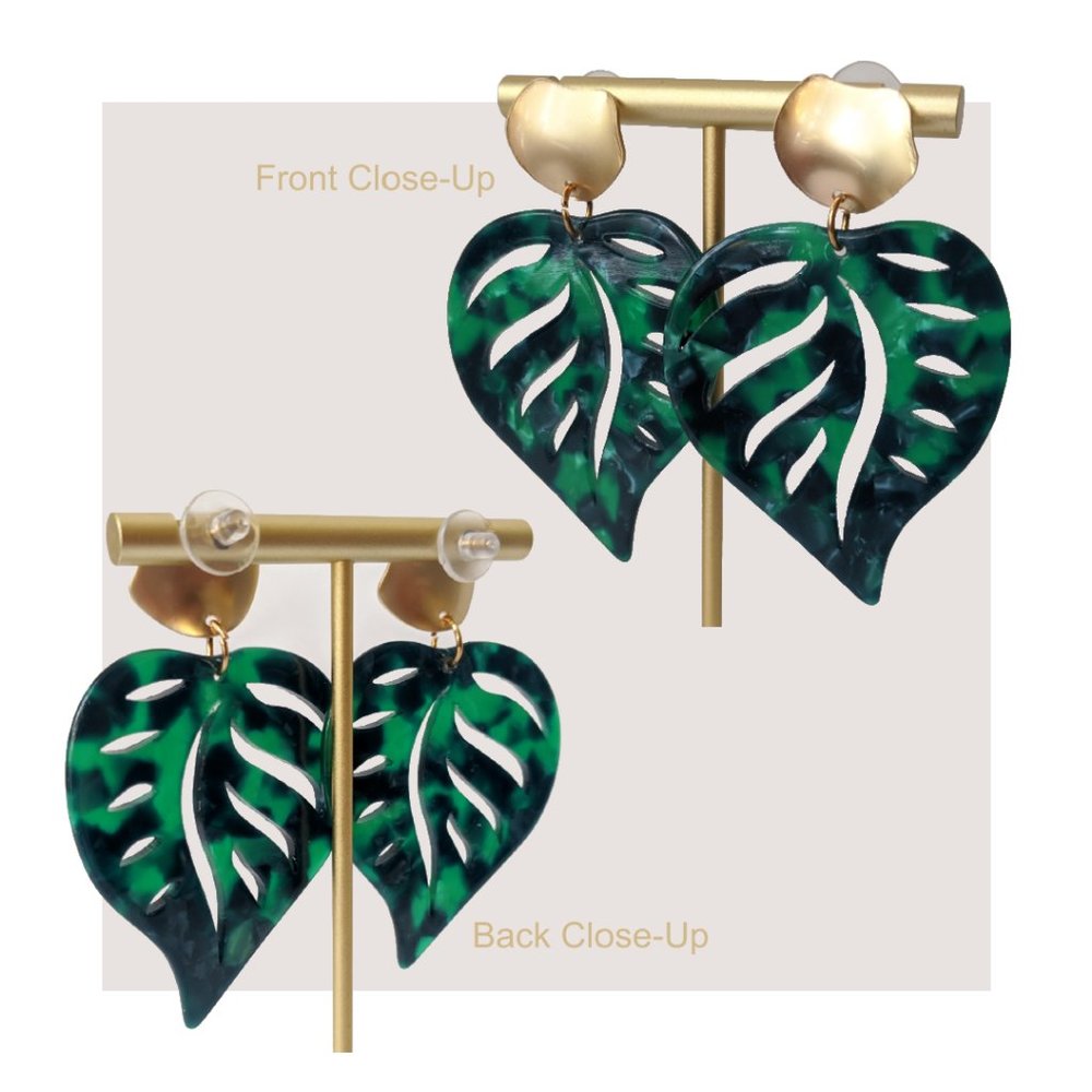💎 Green Acrylic Leaf Drop Earrings - Picture 3 of 6